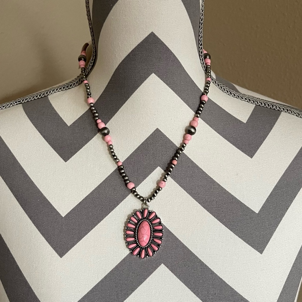 NEW - Faux Pink Beaded Necklace w/ Navajo Pearls - Adjustable Length